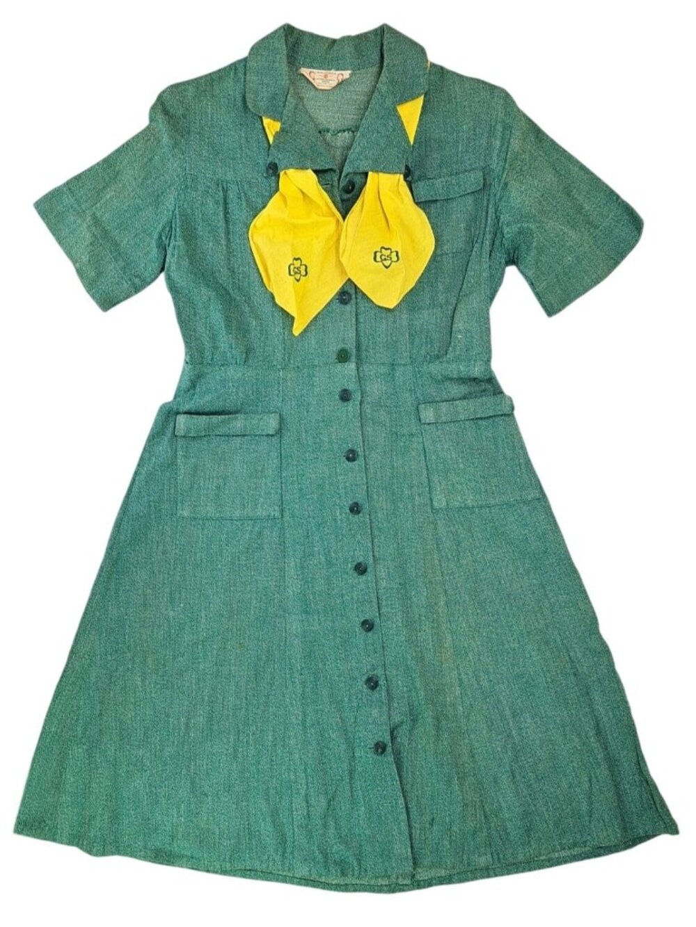 Vintage Girl Scout Green Dress Neckerchief Short Sleeve Button Women Large 1940s